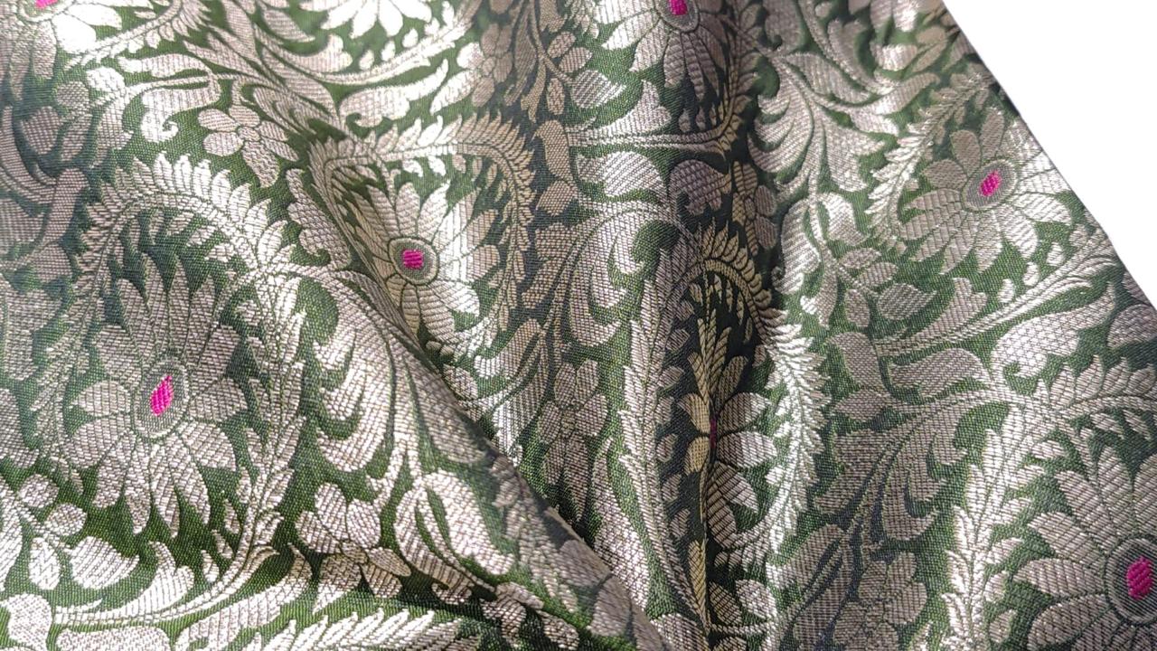 Silk Brocade Fabric  jacquard 44" wide  BRO974A available in 3 colors peacock green/deep olive and pink x orange