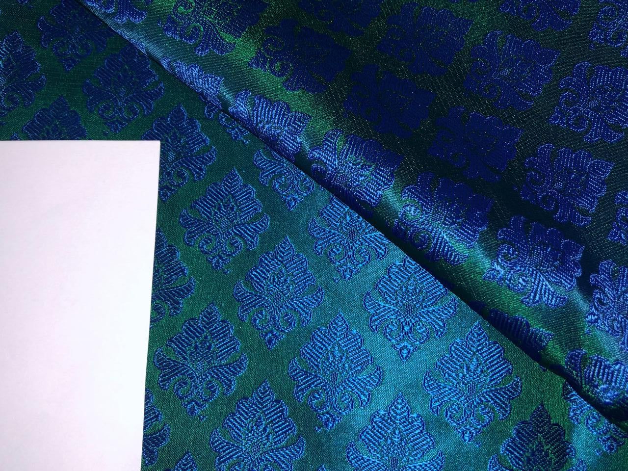 Silk Brocade Fabric  emerald green with royal blue motif 44" wide BRO954[2]