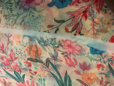 Shimmer Organza  fabric, Gleam sheer fabric Digital Print 54" wide available in 3 prints ivory with a spray of pink roses/cream with blue ,pink orange flowers and bright yellow with pink and blue flowers