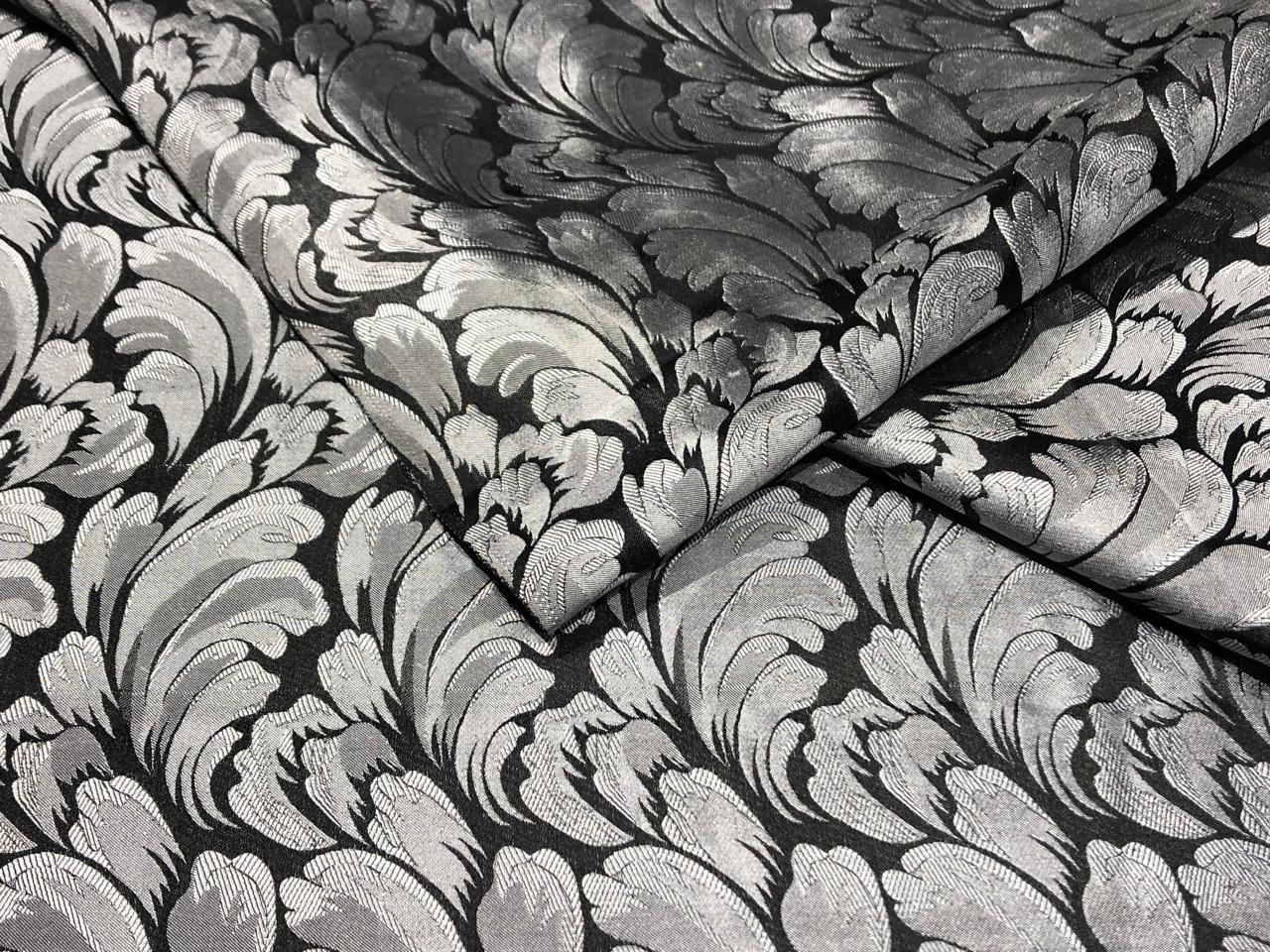 100% Silk Taffeta Jacquard Fabric BLACK AND SILVER   jacquard  TAFJACNEW12 [16157]