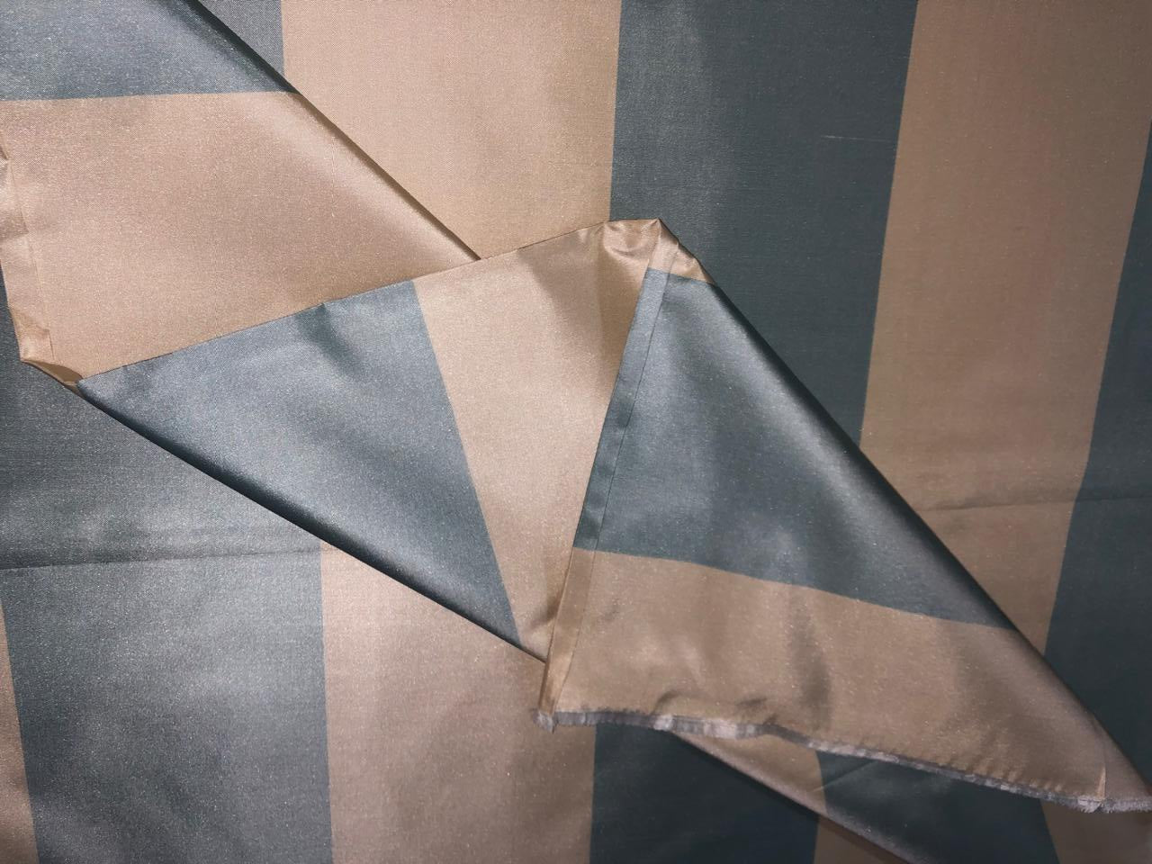 100% Silk Taffeta Fabric dark cream and slate blue  Stripes TAFS161[3] 54&quot; wide