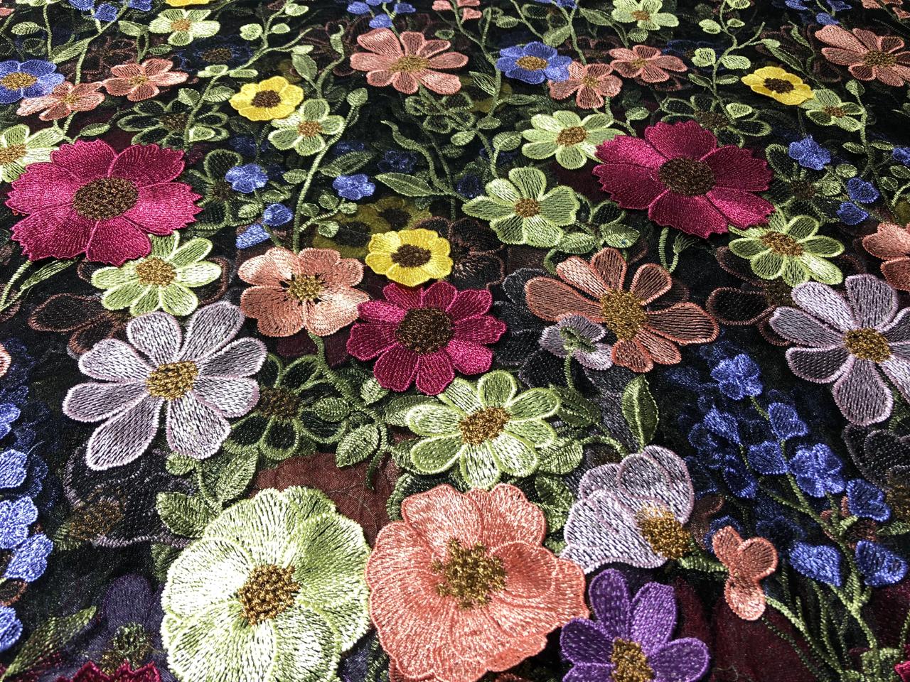 BLACK NET WITH BEAUTIFUL MULTI COLOURED FLOWERS [16917]