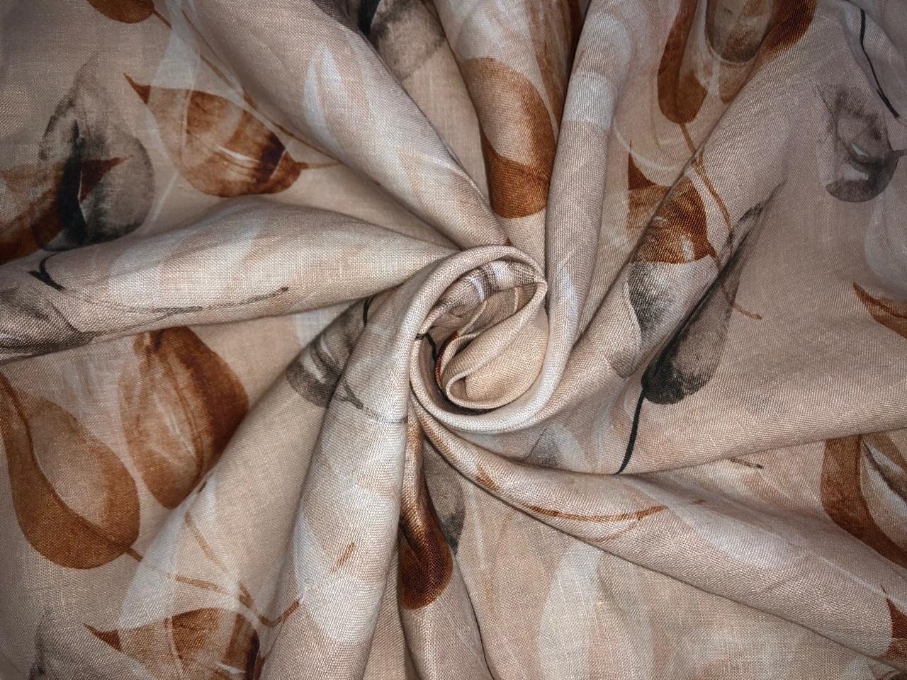 100% linen  digital print fabric 58" wide SAND BEIGE WITH BARK BROWN AND BROWN COLOR LEAVES [16111]