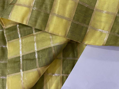 Cotton chanderi fabric plaids shade of lemon yellow x metallic gold 44" wide [9261]