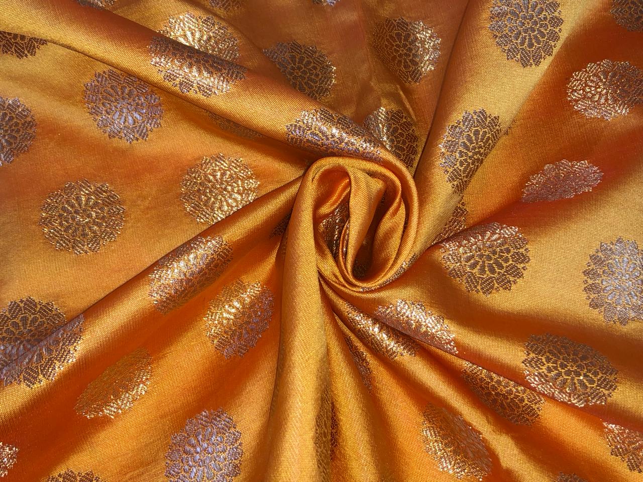 Silk Brocade fabric with Metallic gold motif Jacquard  44" wide available in 3 colors mango , midnight blue and grey