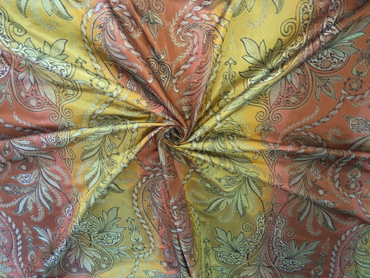 100% Silk Taffeta Jacquard Fabric  SHADED RUSTY ORANGE AND GOLD LEAVES TAFJACNEW16