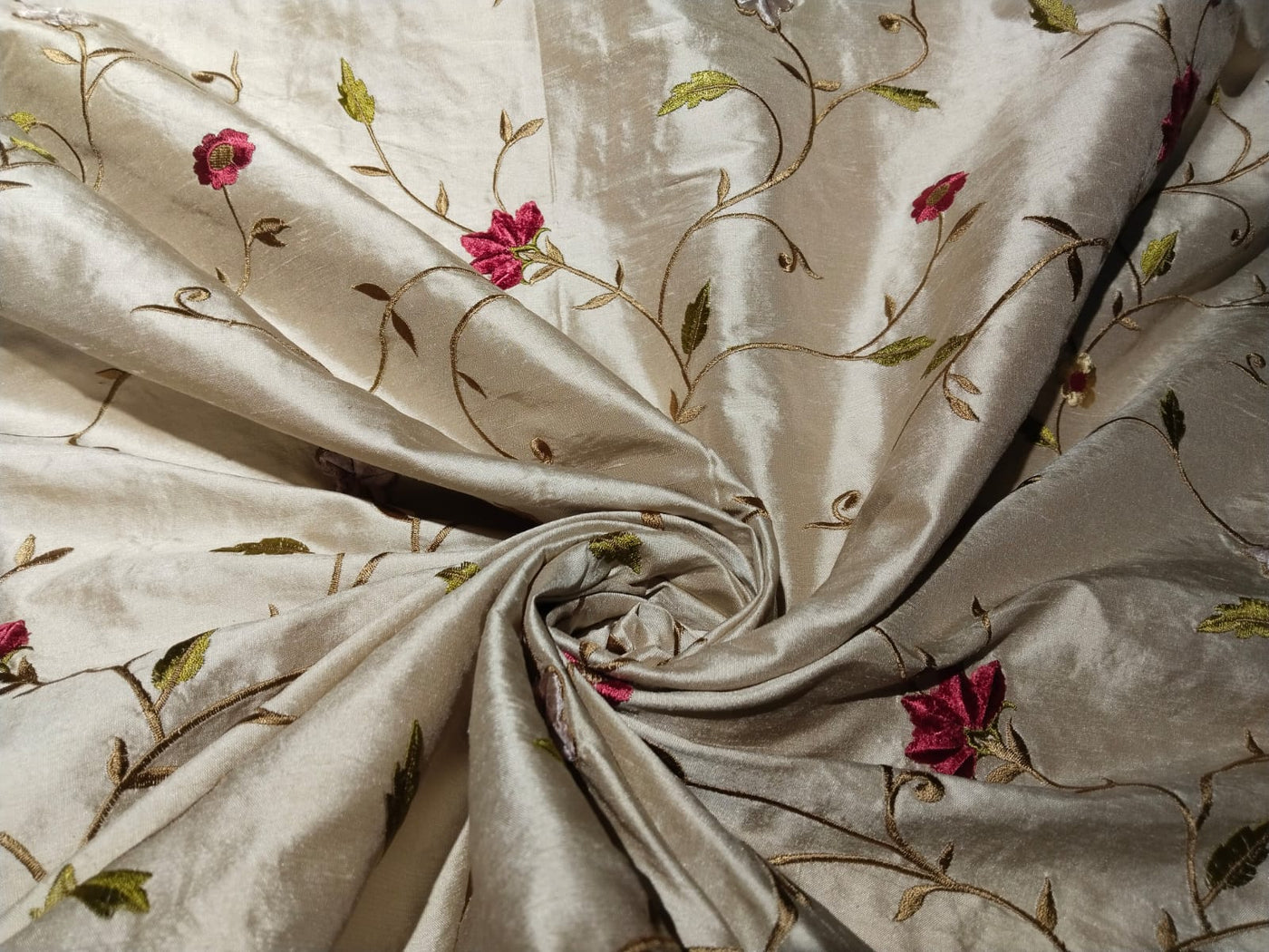 100% Dupioni SILK  fabric 110" wide IVORY WITH FLORAL EMBROIDERY [DUPEMB68_110"EMB]