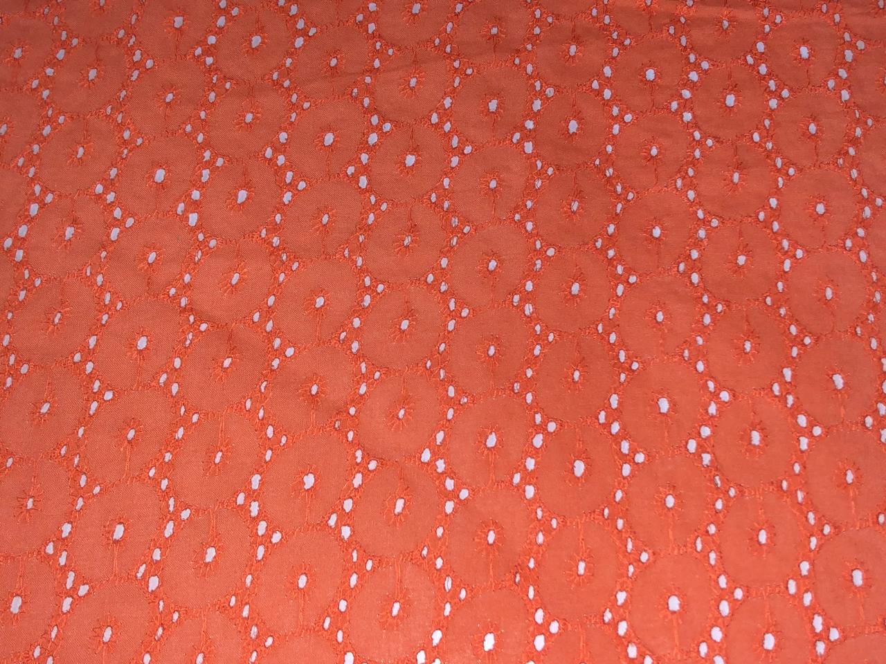 100 % Cotton Eyelet Embroidered Fabric 44" wide available in four colors mustard, beige, orange and bright pink