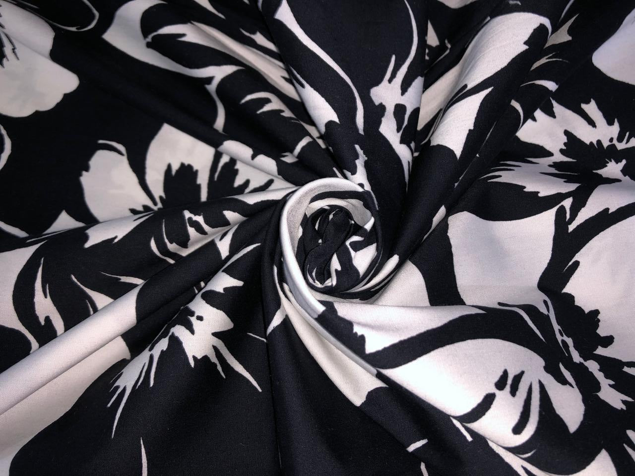 100% Cotton Poplin lycra Floral Print black and white 44" wide [16163]