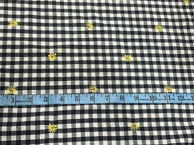 100 % Cotton BLACK AND WHITE PLAIDS  Fabric Embroidered with tiny yellow flowers [16342]