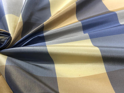 100% PURE SILK TAFFETA FABRIC PLAIDS shades of blue and gold 54" wide TAFNEWC6roll