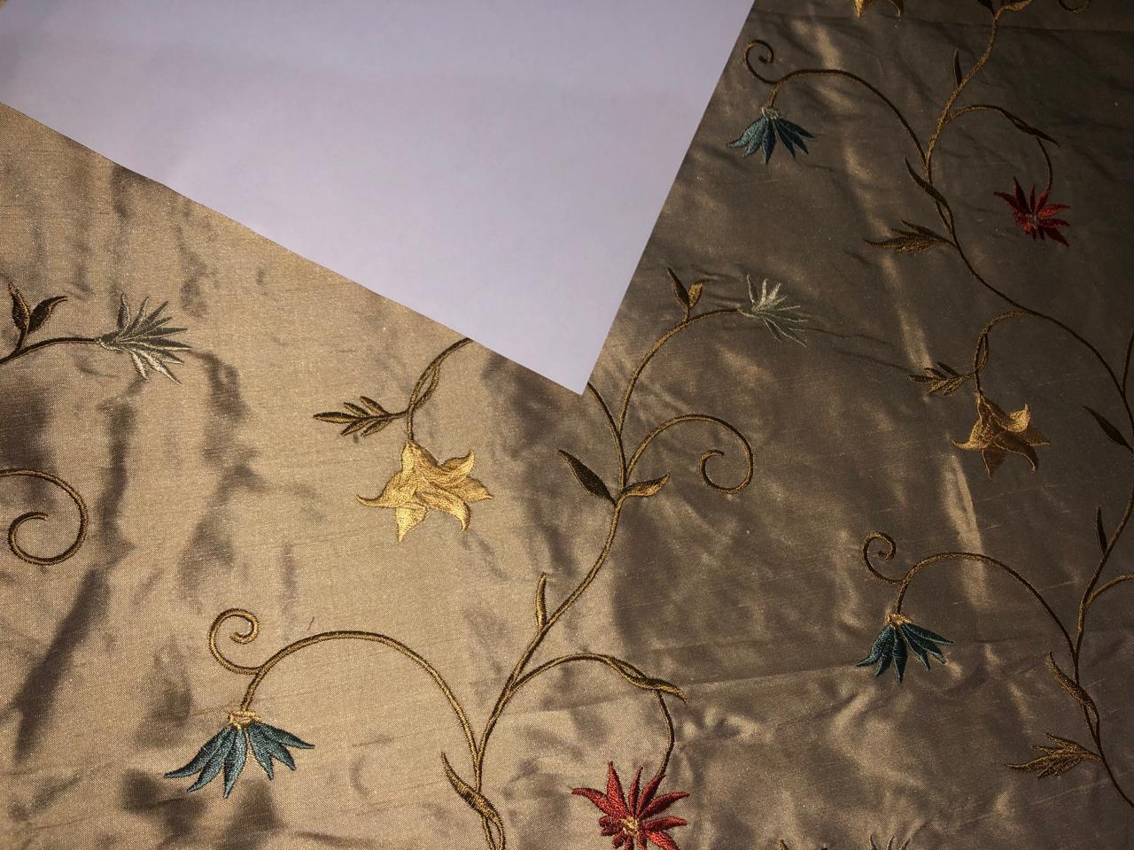 100% Silk dupioni EMBROIDERY 44" WIDE FAWN with rust ,blue ,white and yellow flowers DUPE69[5]