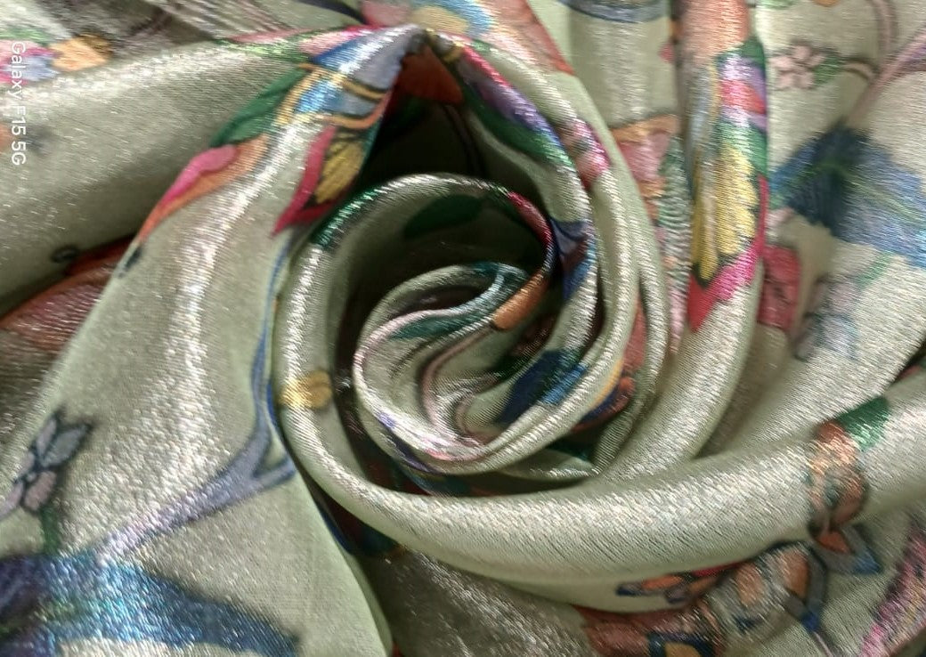 Silk metallic tissue organza fabric MULTI COLOR FLORAL JACQUARD 44 INCHES WIDE available in 5 colors SILVER GREY,MINT,PINK ,SILVER BLUE AND SILVER BLUE