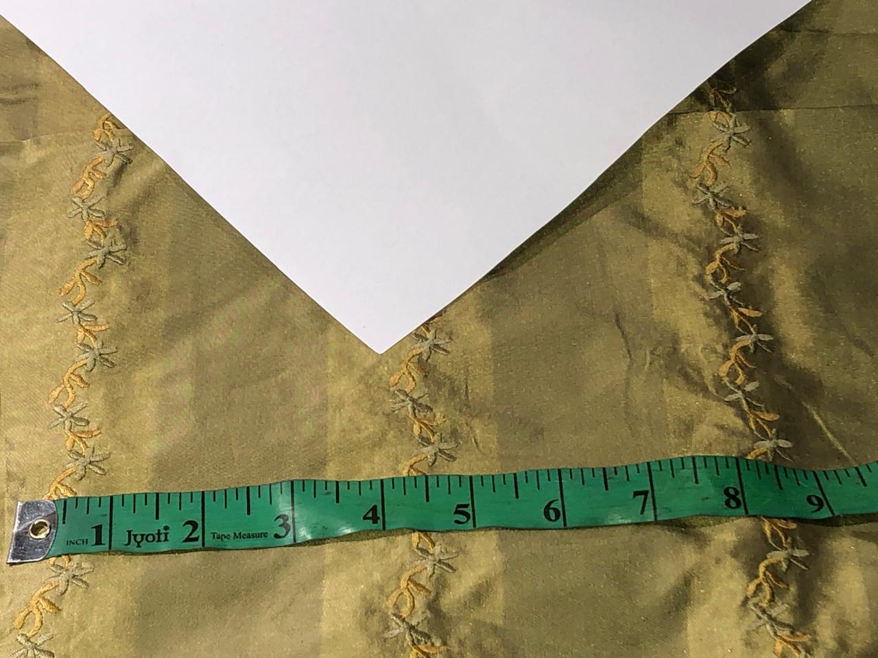 100% Silk TAFETTA EMBROIDERY 54" wide light and dark shade of olive stripe  with delicate olive mustard floral stripes TAFE23