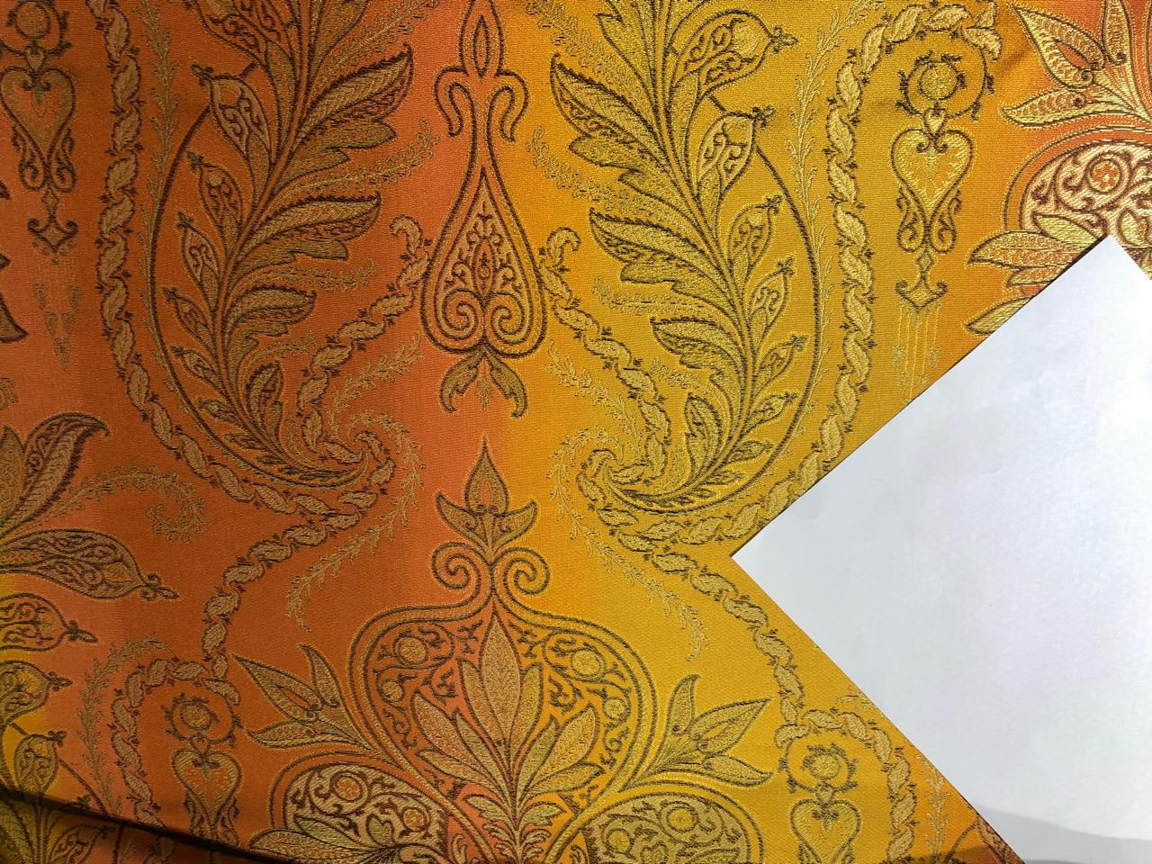 100% Silk Taffeta Jacquard Fabric  SHADED RUSTY ORANGE AND GOLD LEAVES TAFJACNEW16