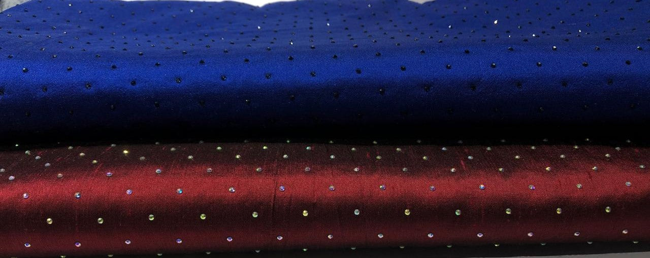 100% pure silk dupioni fabric with rhinestone available in 2 colors wine and royal blue