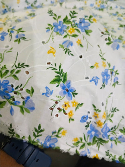 100% Cotton printed and chikan embroidery  fabric  58 inches wide 147 cms.available in 3 colors