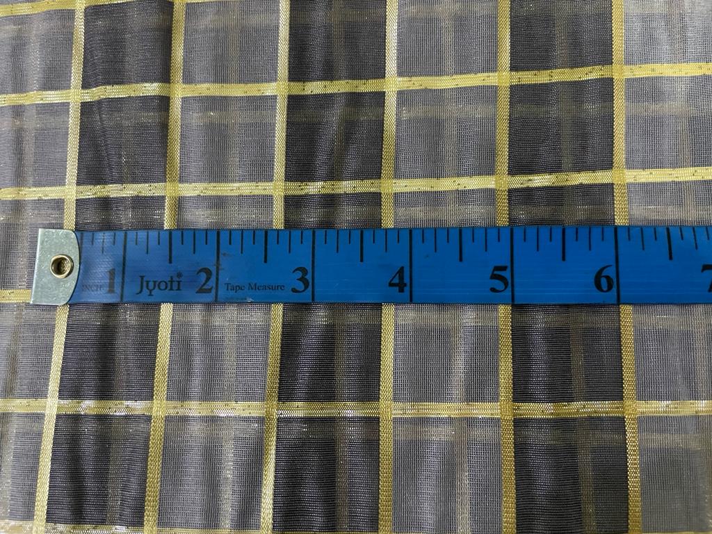 Cotton chanderi fabric plaids shade of grey &amp; metallic gold 44" wide [9260]