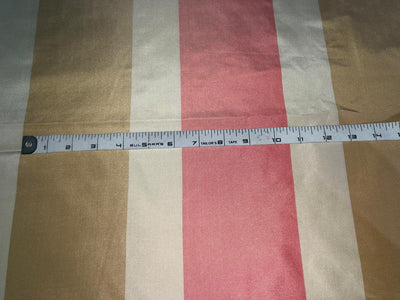 100% SILK TAFFETA fabric stripes beige gold ,Caramel gold AND salmon pink , TAFS163[5] 54&quot; wide