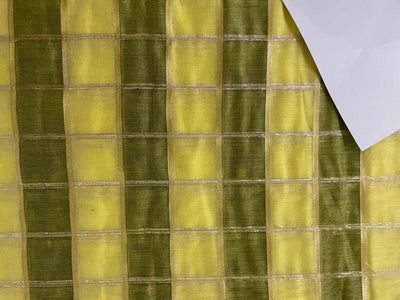 Cotton chanderi fabric plaids shade of lemon yellow x metallic gold 44" wide [9261]