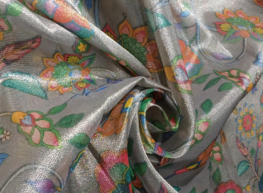 Silk metallic tissue organza fabric MULTI COLOR FLORAL JACQUARD 44 INCHES WIDE available in 5 colors SILVER GREY,MINT,PINK ,SILVER BLUE AND SILVER BLUE