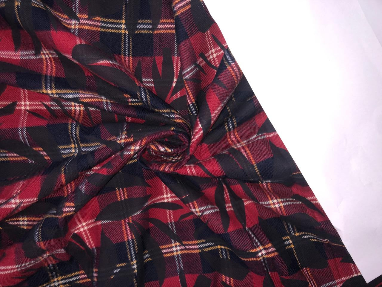 100% Cotton twill print Scottish tartan plaids with leaves available in 2 colors red, yellow, navy and white AND NAVY SELF