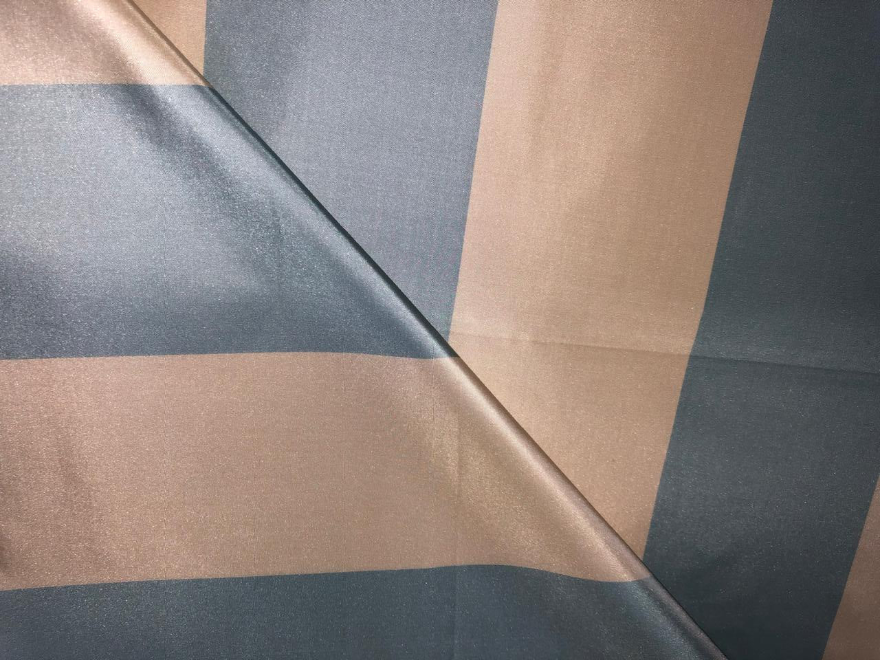 100% Silk Taffeta Fabric dark cream and slate blue  Stripes TAFS161[3] 54&quot; wide