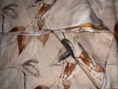 100% linen  digital print fabric 58" wide SAND BEIGE WITH BARK BROWN AND BROWN COLOR LEAVES [16111]
