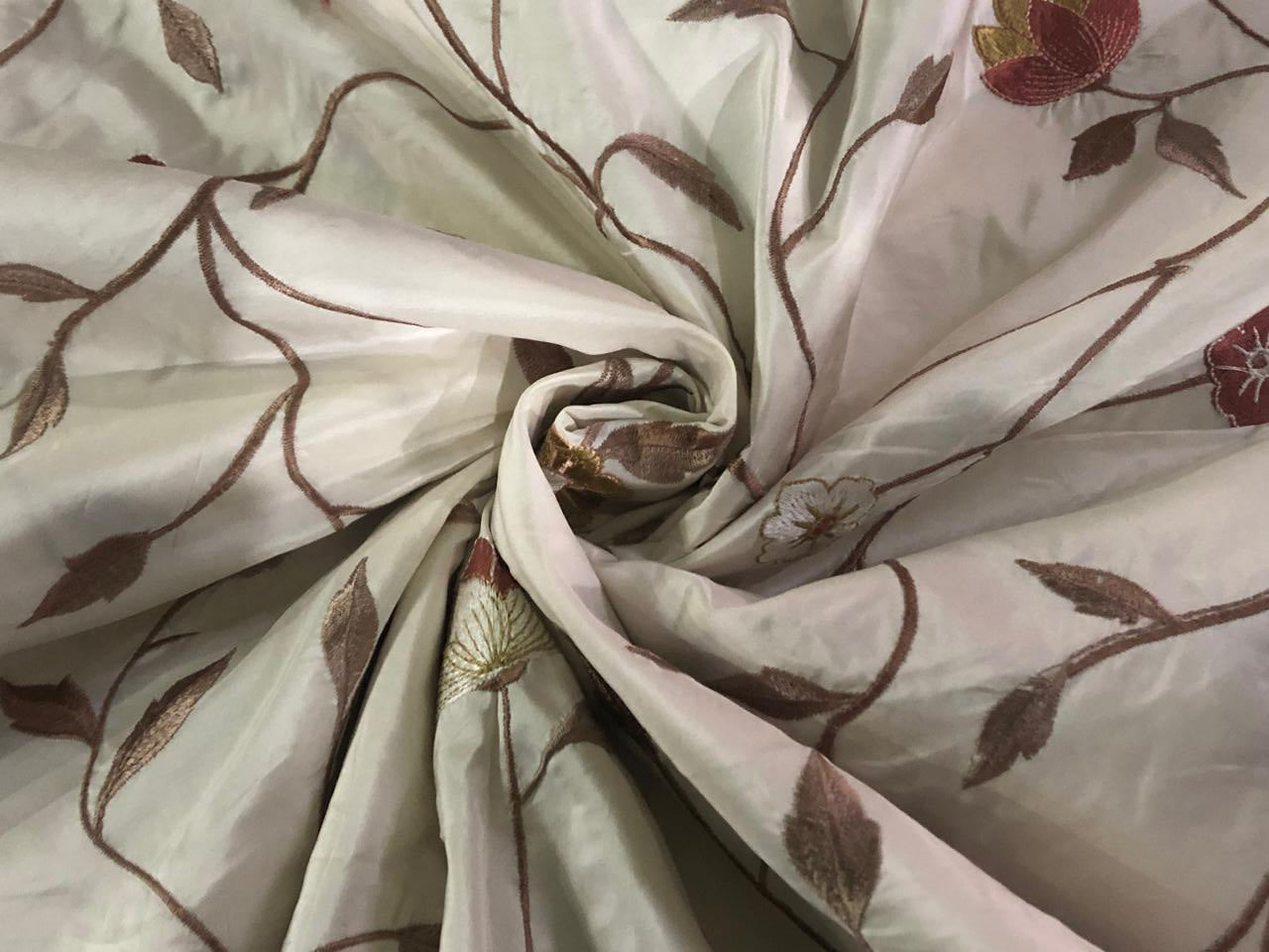 100% Silk TAFFETA  EMBROIDERY 44" WIDE ivory  with  brown flowers TAFE22[1]