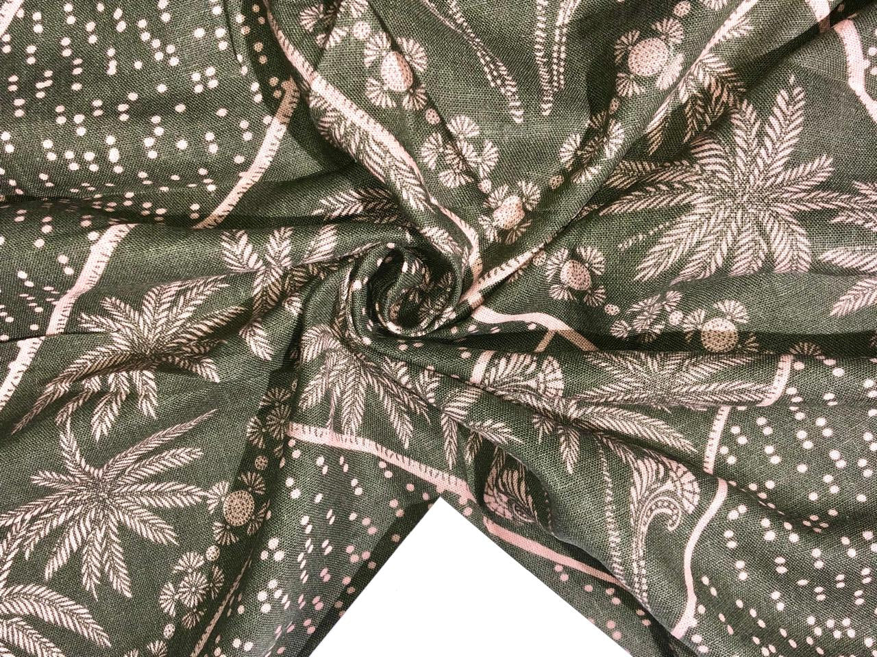 100% Cotton Linen Print olive with nude pink palm trees Fabric 58" wide [16519]