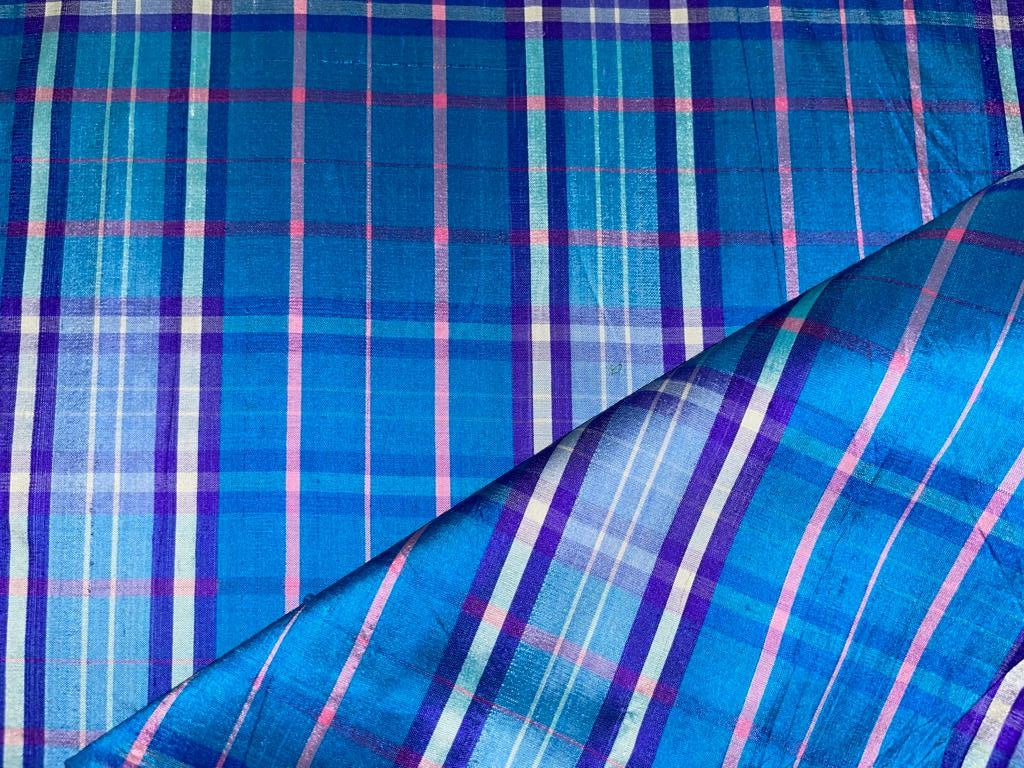 SILK DUPIONI Scottish tartan  plaids blue pink color DUPC64