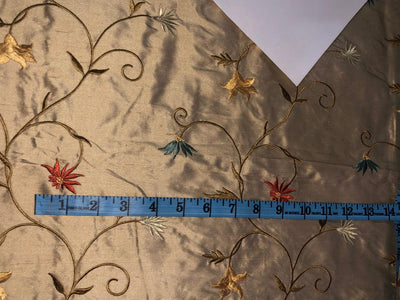 100% Silk dupioni EMBROIDERY 44" WIDE FAWN with rust ,blue ,white and yellow flowers DUPE69[5]