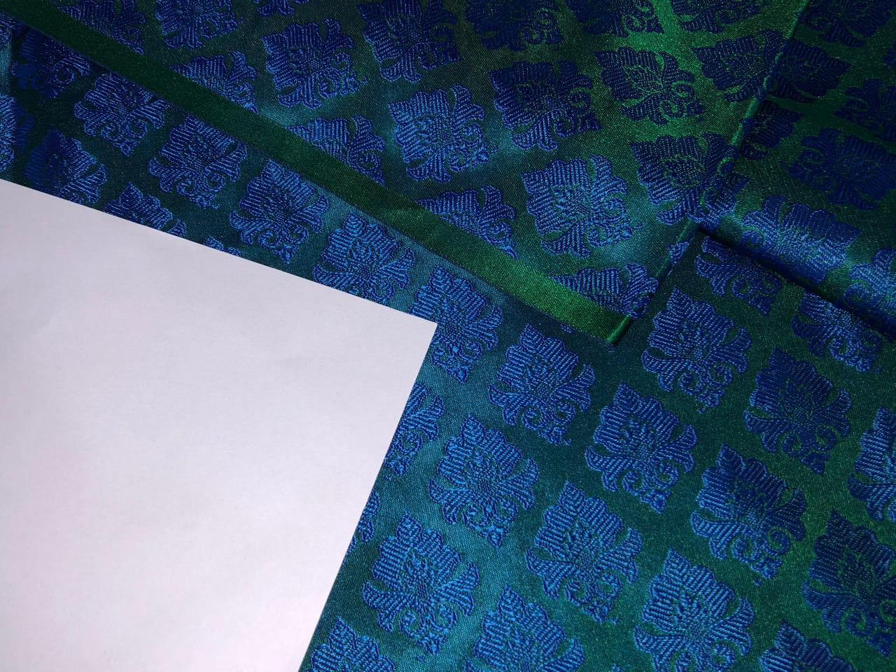 Silk Brocade Fabric  emerald green with royal blue motif 44" wide BRO954[2]