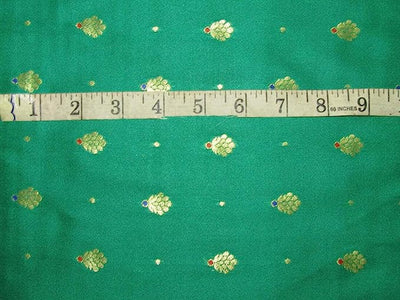 100% Silk Brocade Fabric Kingfisher Green x Metallic Gold color 44" wide BRO772A[5]