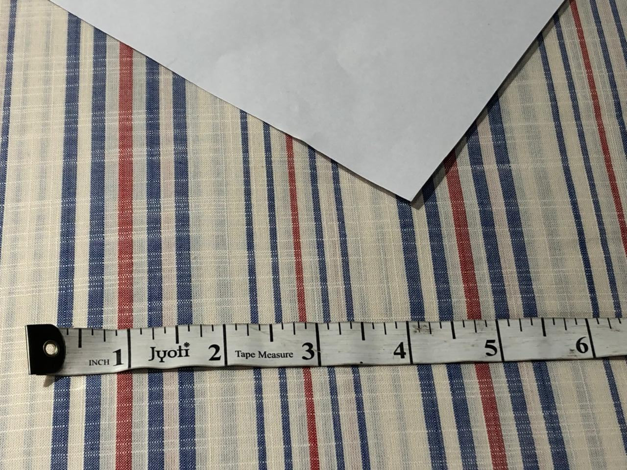 100% COTTON FABRIC with  slubs ivory with red blue stripes [16764]