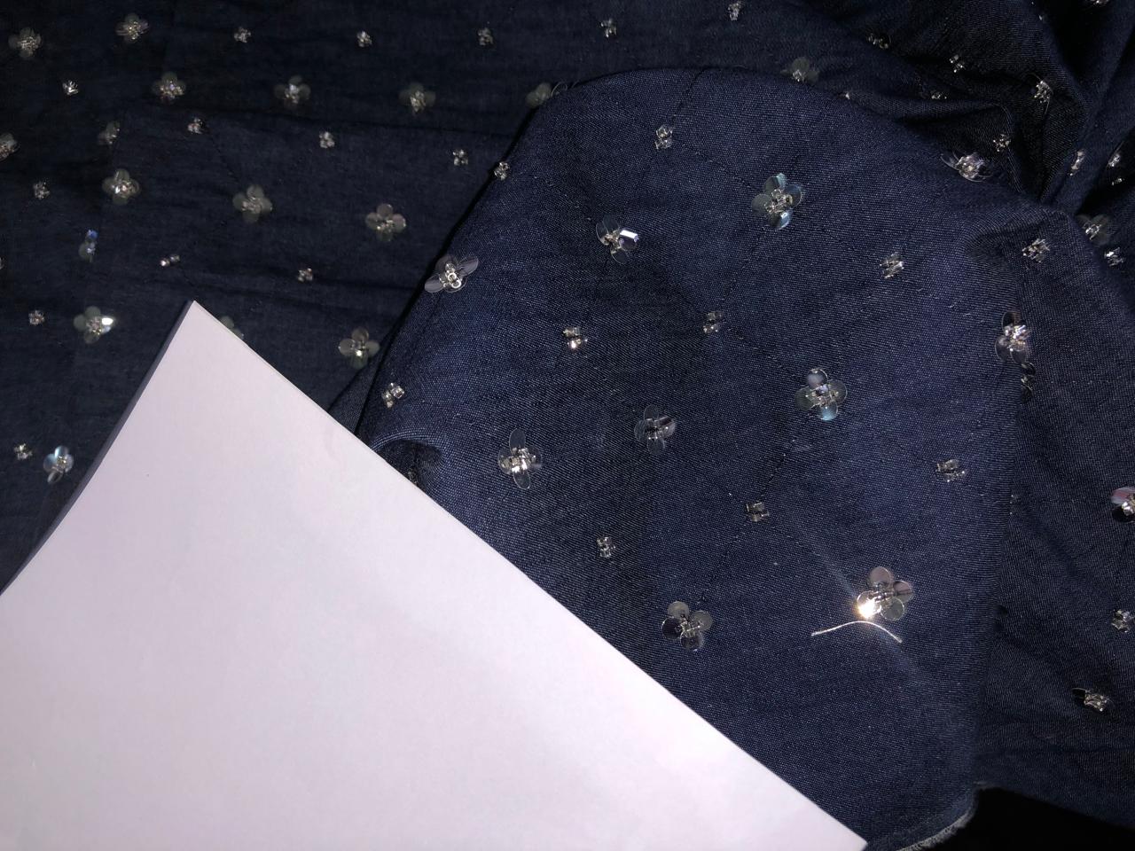 100% Cotton Denim Fabric 58" wide WITH SILVER SEQUENCE  available in 2 designs floral [DENIM BLUE AND BLACK] and squares