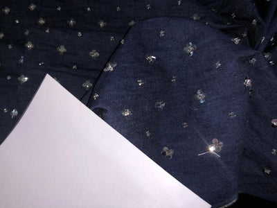 100% Cotton Denim Fabric 58" wide WITH SILVER SEQUENCE  available in 2 designs floral [DENIM BLUE AND BLACK] and squares