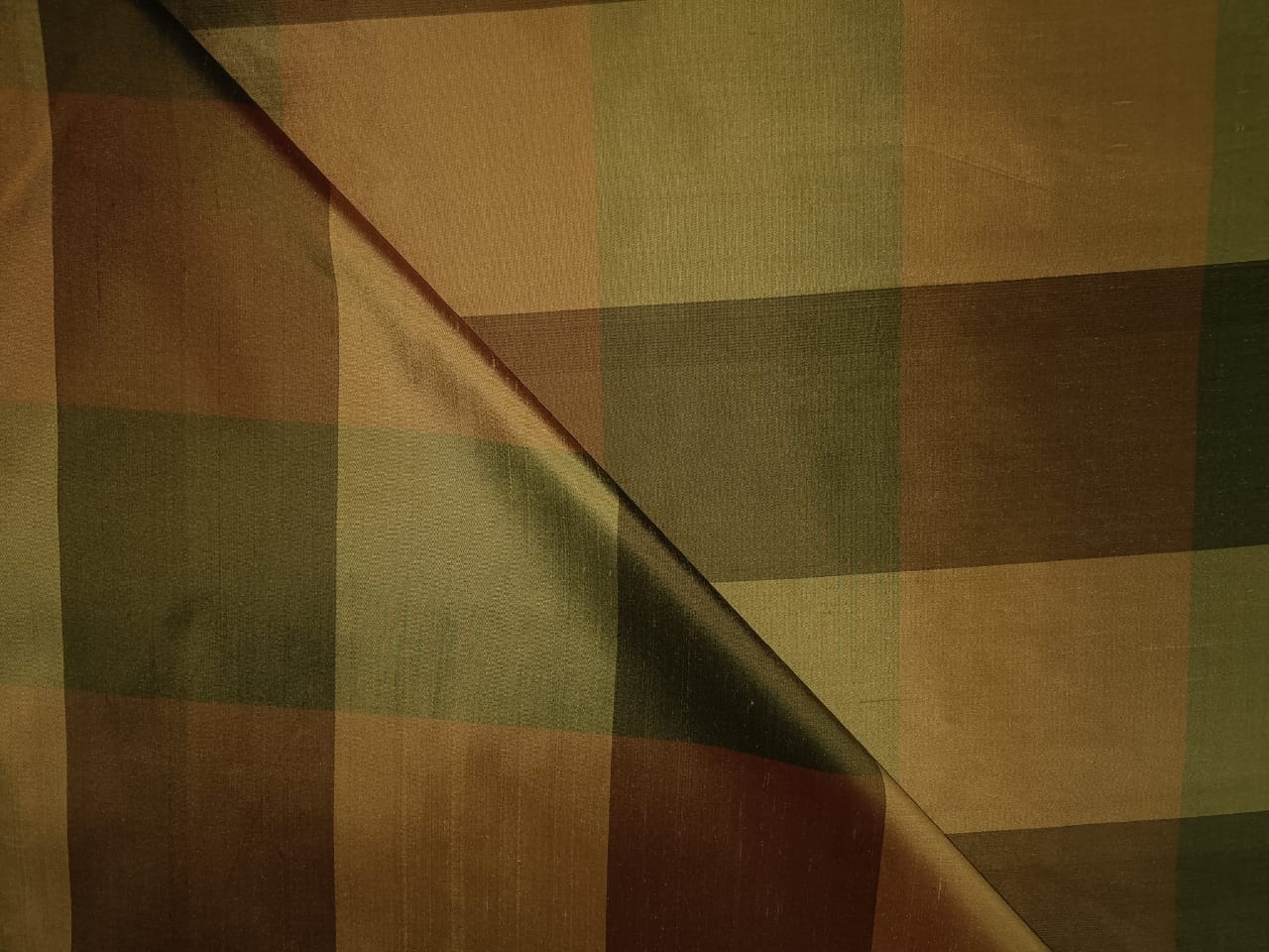 SILK Dupioni FABRIC Shades of Green &amp; Brown Colour plaids DUPC28[2]