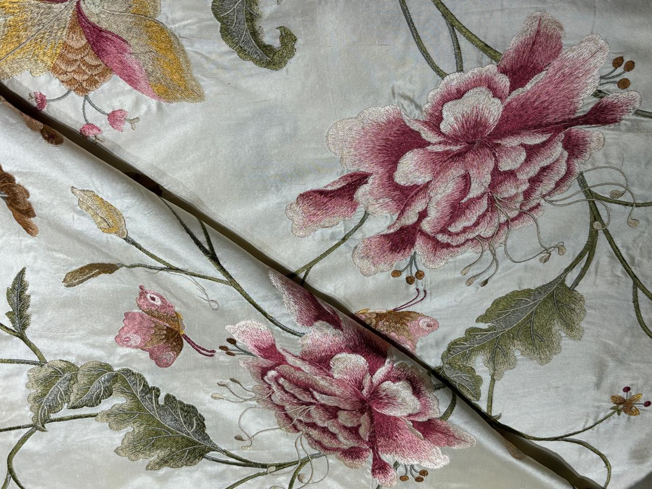 100% Silk dupioni silk 54&quot;-dark ivory with floral embroidery in  pink ,gold and olive floral DUPE64