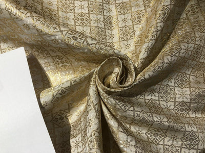 Silk Brocade fabric  WHITE WITH METALIC GOLD PLAIDS AND FLORAL MOTIF IN CENTER  jacquard  BRO1004[2]