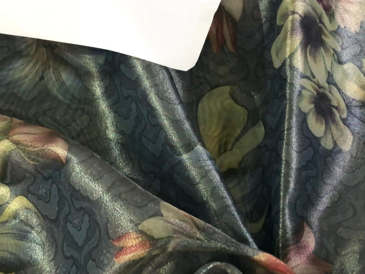 Silk metallic tissue organza fabric FLORAL JACQUARD 44 INCHES WIDE available in 2 colors grey with gold, pink ,blue flowers AND greeny gold with pink and orange flowers