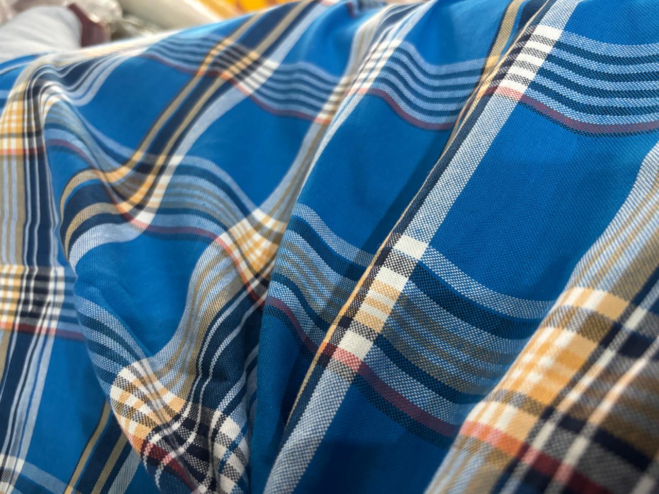 COTTON SHIRTING FABRIC-58" WIDE available in 3 styles multi blue plaids/blue pin stripes and grey stripes