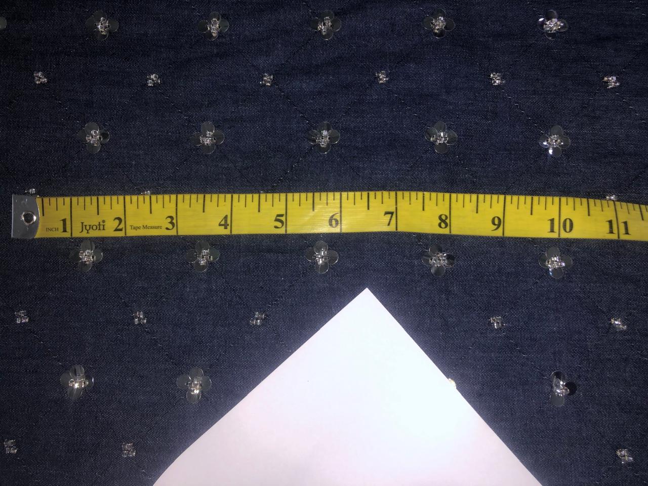 100% Cotton Denim Fabric 58" wide WITH SILVER SEQUENCE  available in 2 designs floral [DENIM BLUE AND BLACK] and squares