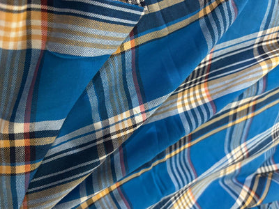 COTTON SHIRTING FABRIC-58" WIDE available in 3 styles multi blue plaids/blue pin stripes and grey stripes