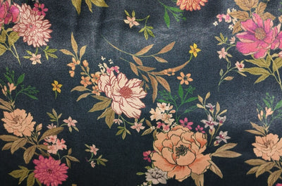 Viscose  Modal Satin fabric Digital pink,cream,orange,peach,green Floral Print 44" wide available in 3 colors black, dark teal and mustard gold