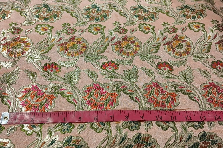 Brocade Heavy KING KHAB  Fabric PASTEL PEACH with red green ,  mustard and metallic white gold floral jacquard BRO985[1]