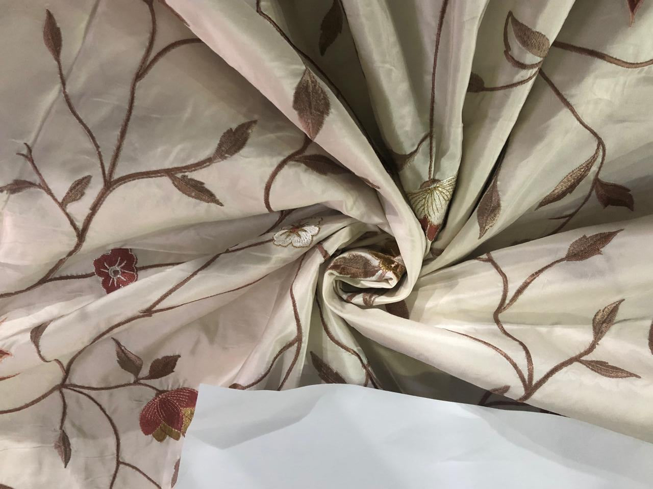 100% Silk TAFFETA  EMBROIDERY 44" WIDE ivory  with  brown flowers TAFE22[1]