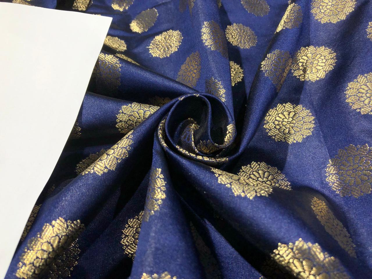 Silk Brocade fabric with Metallic gold motif Jacquard  44" wide available in 3 colors mango , midnight blue and grey