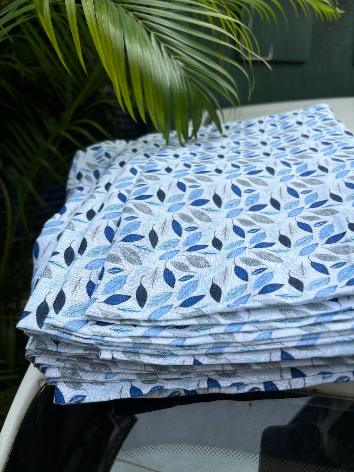 100% linen  digital print fabric 58" wide white with shades of blue leaves [16112]
