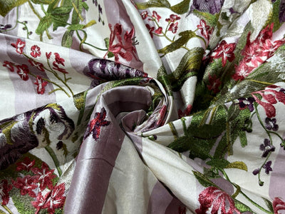 100% Silk dupioni silk 54&quot;-dark ivory  and mauve and mauve taupe color stripe  with floral embroidery in plum, mauve and burgundy  DUPE65